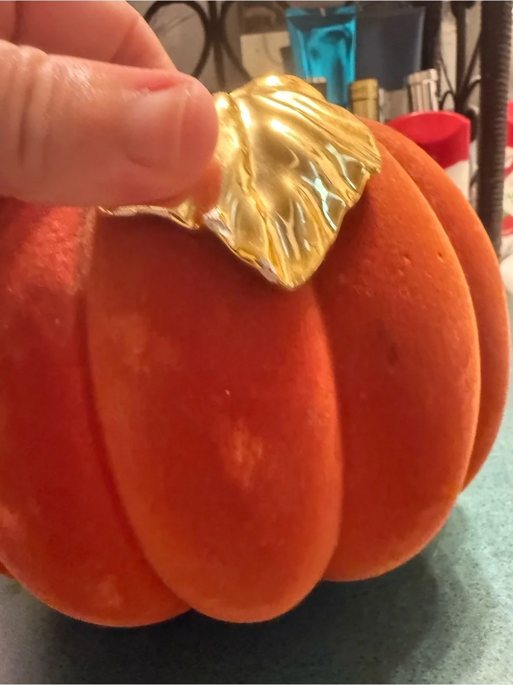 Bath & body Works  Velvet Orange Decorative Pumpkin with Gold Leaf Accent